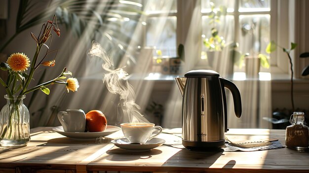 On the kitchen table an electric kettle with a backlight Generative Ai