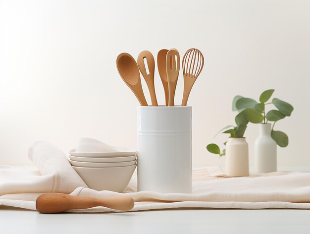 On the kitchen table kitchen utensils on a kitchen towel on a white background generated ai