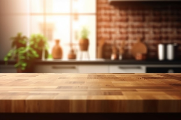 A kitchen table with a brick wall behind it