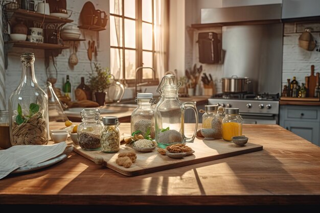 Kitchen table with food ready for cooking in the sunny room with window Bright kitchen interior