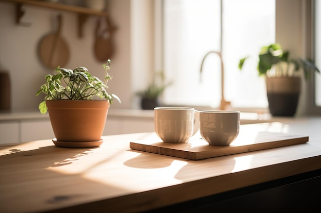 A kitchen table with two cups on it and a plant on the right side.