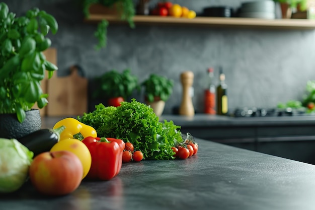 Kitchen table with various fresh vegetables and fruits for healthy and diet food with space for your product or text