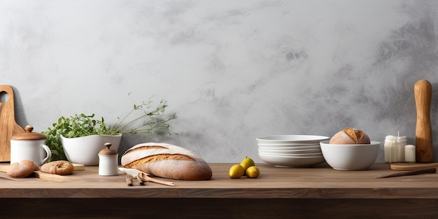 Kitchen table with white modern ceramic and wooden dishware against grey stone wall Generative AI