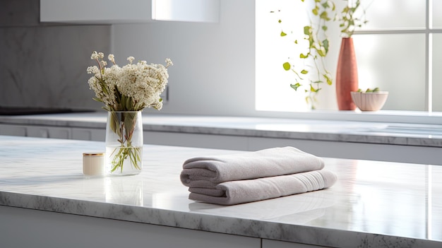 a kitchen towel placed elegantly on an empty marble countertop within a bright interior designed in a modern minimalist style the simplicity and elegance of the scene