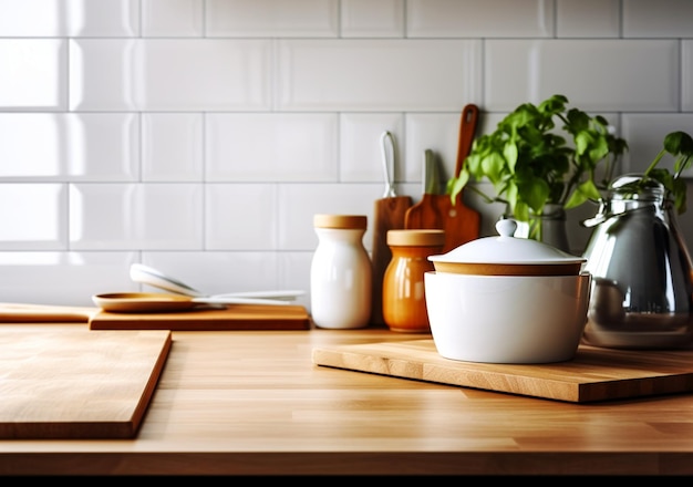 Kitchen utensils background with light shadows from window on table