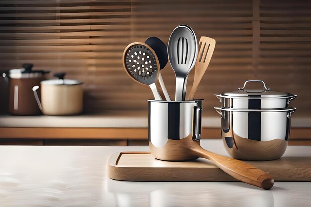 Premium Photo Kitchen utensils in a container with a pot of cooking