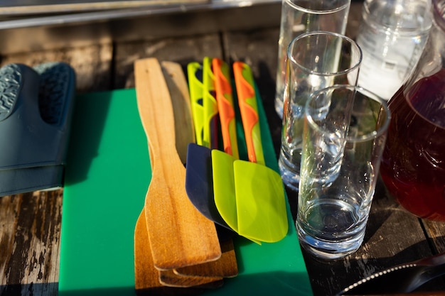 kitchen utensils for cooking in the summer kitchen