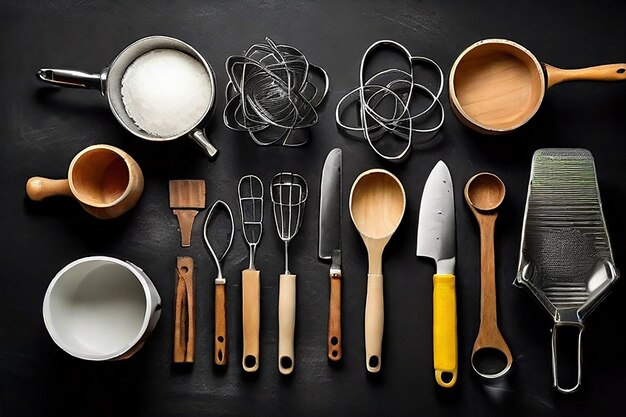 Photo kitchen utensils cooking tools on black chalkboard background kitchenware collection captured from above top view flat lay