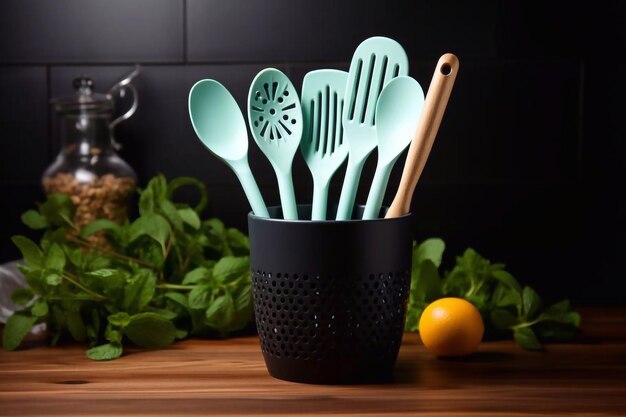 Photo kitchen utensils home kitchen tools mint rubber accessories on dark background restaurant cookin