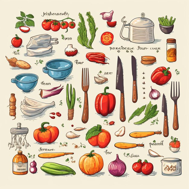 Photo kitchen utensils and ingredients vector set