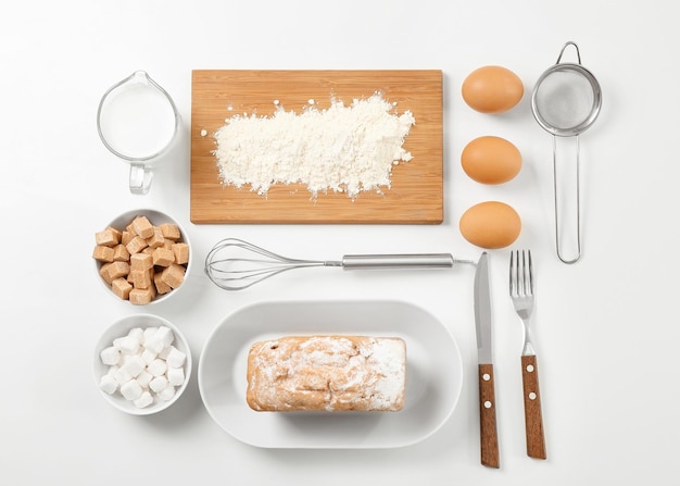 Kitchen utensils and products on white background Cooking master classes