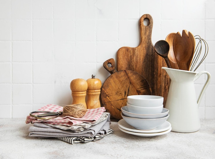 Photo kitchen utensils tools and dishware on on the background white tile wall
