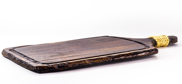 台所用品、ヴィンテージの木製まな板、孤立した白い表面