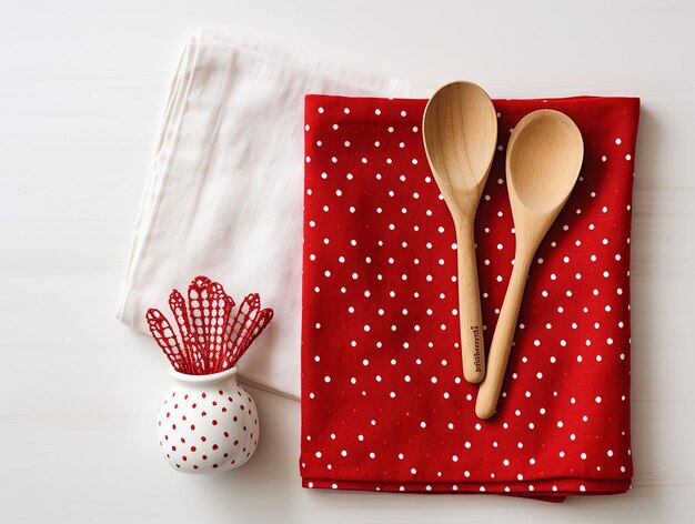 кухонная утварь на белом столе с красным кухонным полотенцем, созданным ai