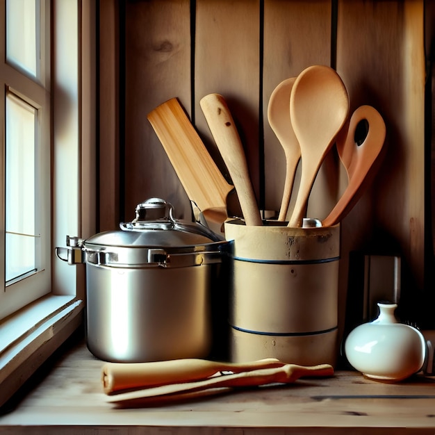 kitchen utensils on a wooden table