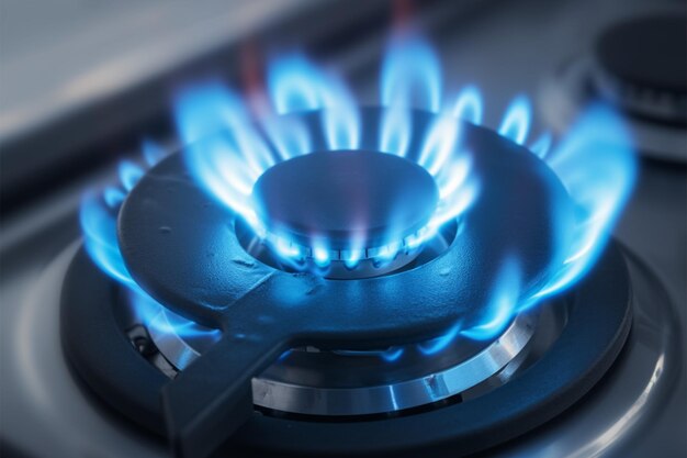 Кухонные вибрации Газовый горелок на синем пламени на домашней кухне