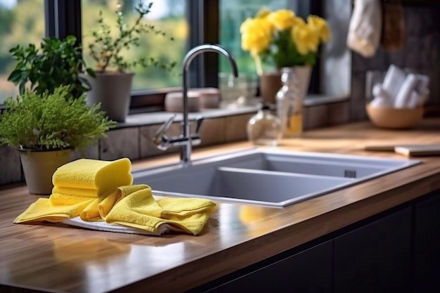 黄色い手袋,布団,スポンジでキッチンと洗面所のインテリアを掃除する