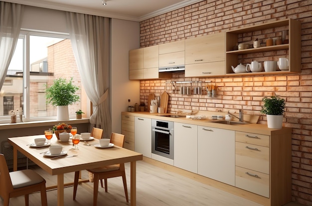 kitchen in white brick wall with wooden floor wooden cabinets