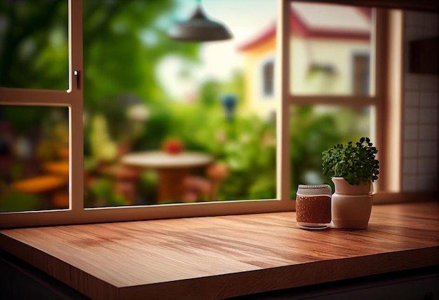 A kitchen window with a potted plant on the counter