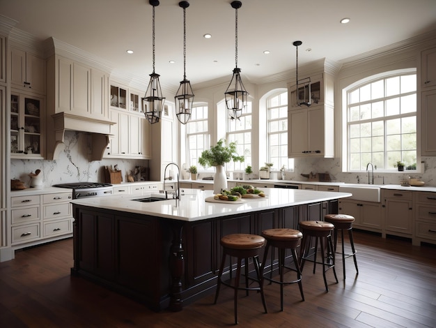 A kitchen with alarge center island and a large window with the words home improvement on it