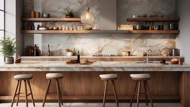 a kitchen with a bar and bar stools and a light hanging from the ceiling