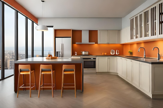 a kitchen with a bar stools and a counter with a light on the top.