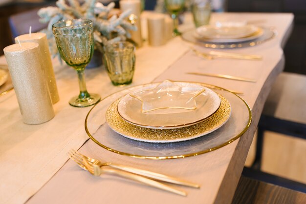 Kitchen with beautiful Christmas decorations and cutlery