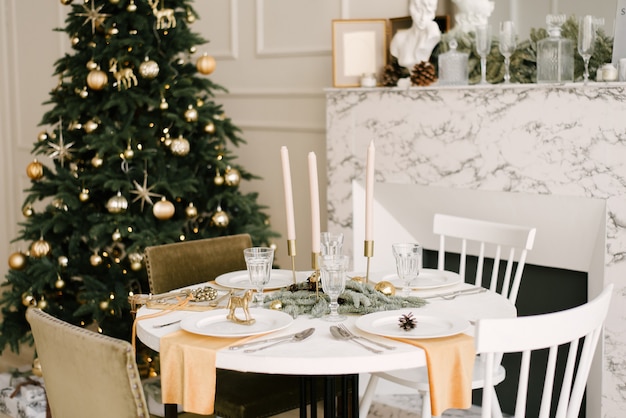 Kitchen with beautiful Christmas decorations.    Holiday background. New Year