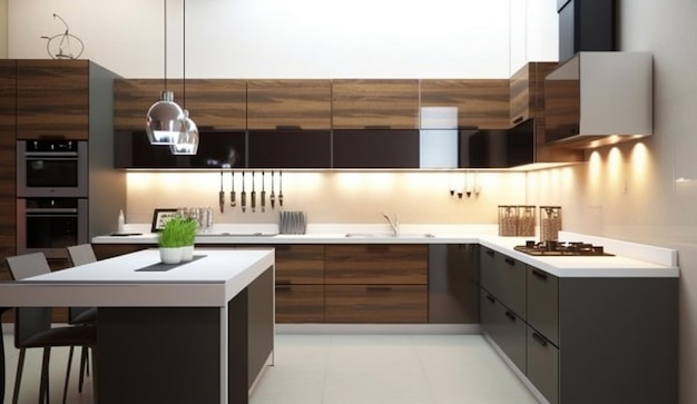 A kitchen with a black and brown cabinetry and a white countertop.