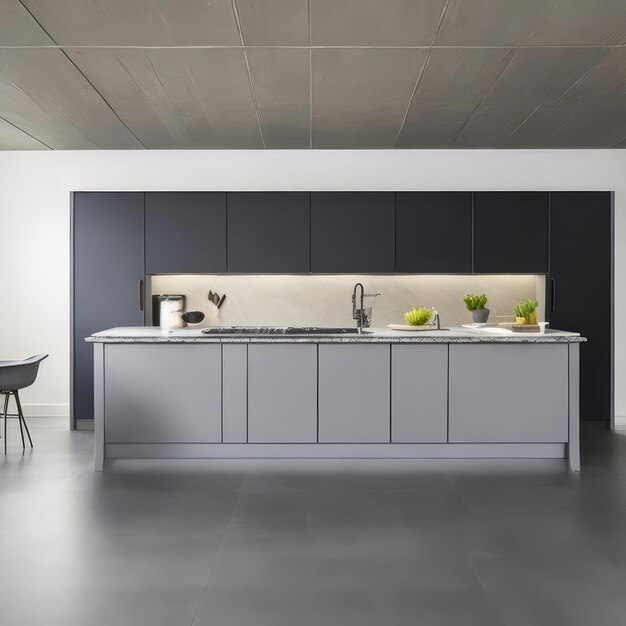 A kitchen with a black cabinet and a black countertop.