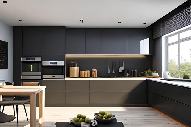 A kitchen with a black cabinetry and a white countertop with a bowl of fruit on it.