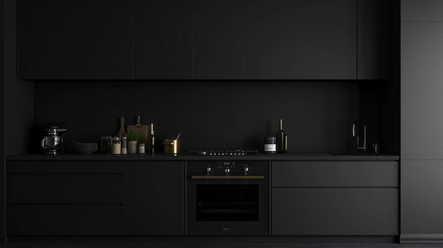 黒いキャビネットと黒いストーブのキッチン