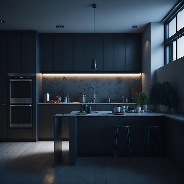 A kitchen with a black counter and a black counter with a light above it.