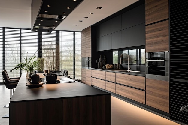 a kitchen with a black counter top and a black counter top with a microwave above it