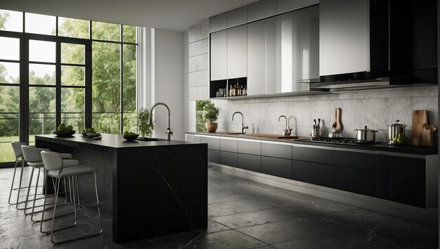 a kitchen with a black counter top and stainless steel sink