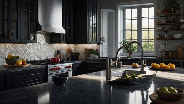 a kitchen with a black counter top and stainless steel sink