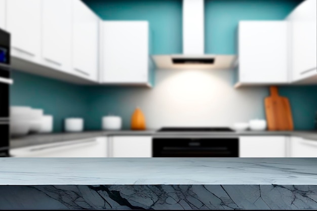 A kitchen with a black counter top and a white kitchen with a black countertop