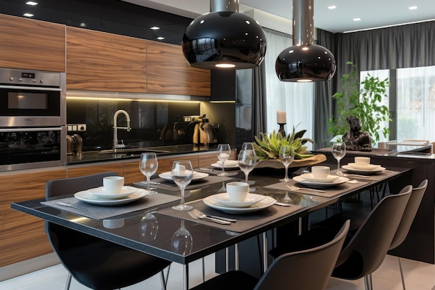 A kitchen with a black countertop and a black countertop with a large window that says's on the wall.