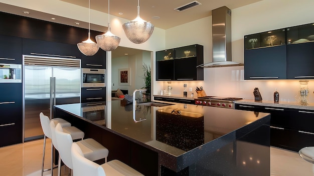 A kitchen with a black countertop and a black countertop with white chairs and a black countertop.