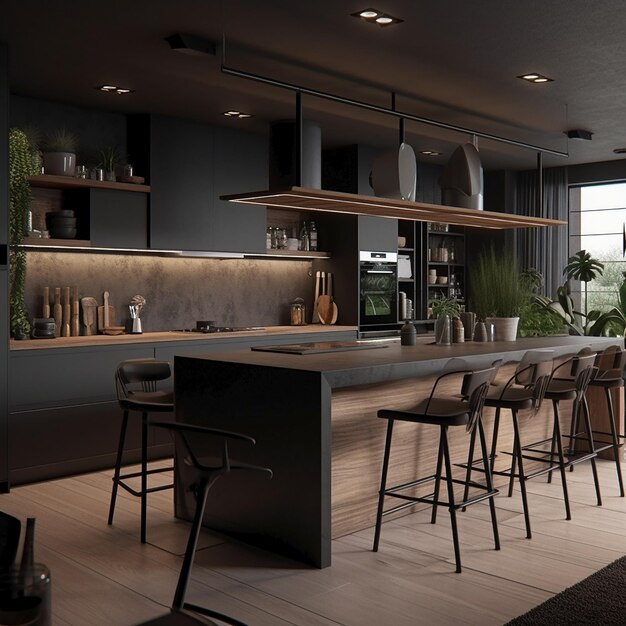 A kitchen with a black and grey color scheme and a black and white kitchen island.