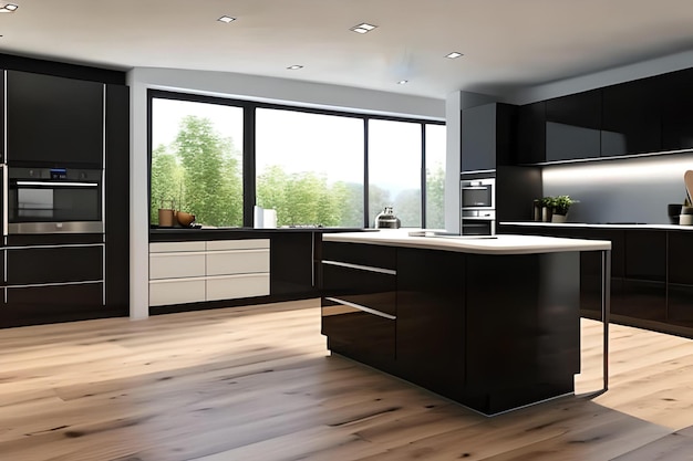 A kitchen with a black island and a white countertop with a black top.