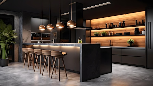 Una cucina con isola cucina nera e un bar con sgabelli in legno