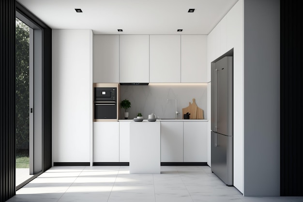 A kitchen with a black refrigerator and a white countertop.