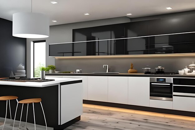 A kitchen with a black and white cabinetry and a white countertop.