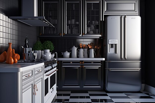 A kitchen with a black and white checkered floor and a stainless steel refrigerator.