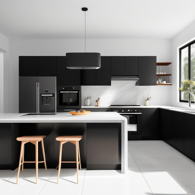 A kitchen with a black and white color scheme and a black and white color scheme.