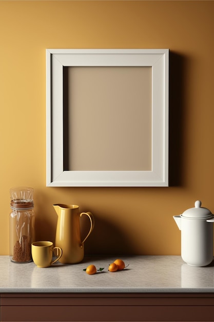 Kitchen with blank photoframe on wall with copy space created using generative ai technology