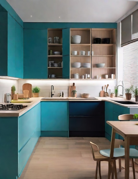 a kitchen with a blue cabinet that says kitchen