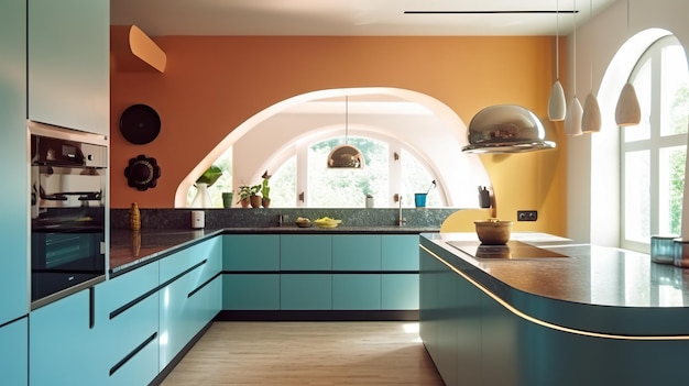 A kitchen with blue cabinets and orange walls generative ai image