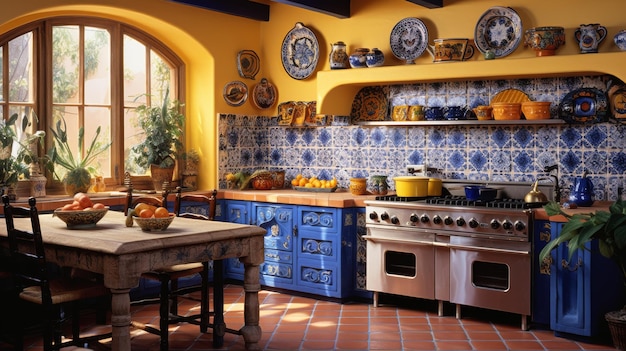 Foto una cucina con armadietti blu e pareti gialle crea un'atmosfera vivace e serena